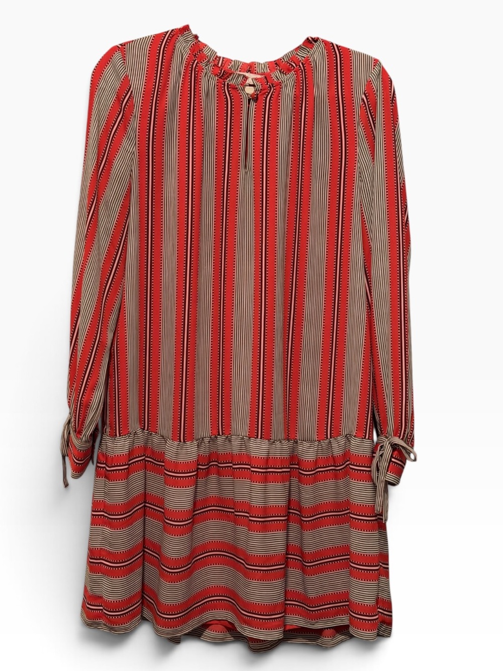 LOFT Red & Cream Striped Long-Sleeve Drop-Waist Dress Tie-Accent Cuffs MED NWOT